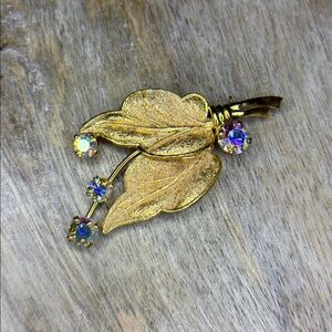 Vintage Gold Floral Leaf AB Crystal Stone Vintage Brooch